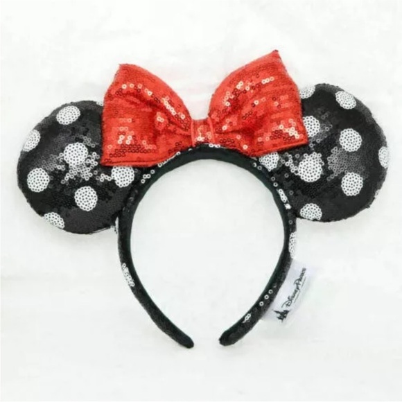 Disneyland Minnie Mouse Classic Polka Dots Red Bow Ears Headband Black White NWT